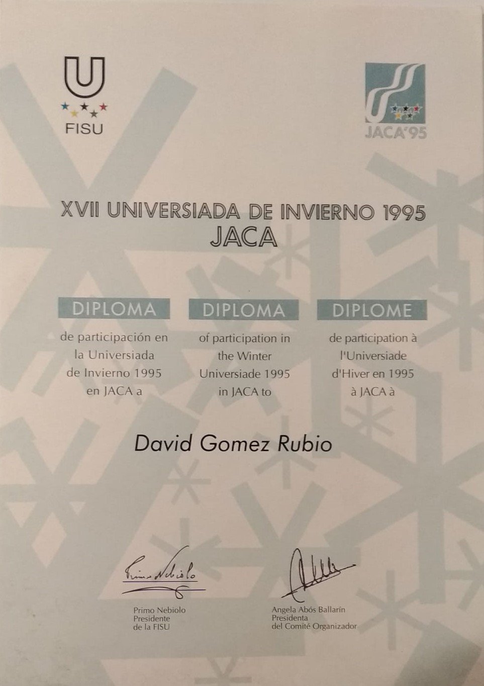 Diploma de participación, XVII Universiada de Invierno de Jaca