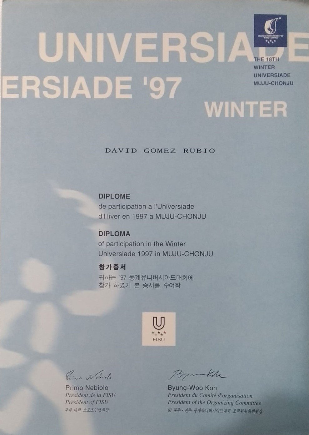 Diploma de participación, XVIII Universiada de Invierno de Muju-Chonju
